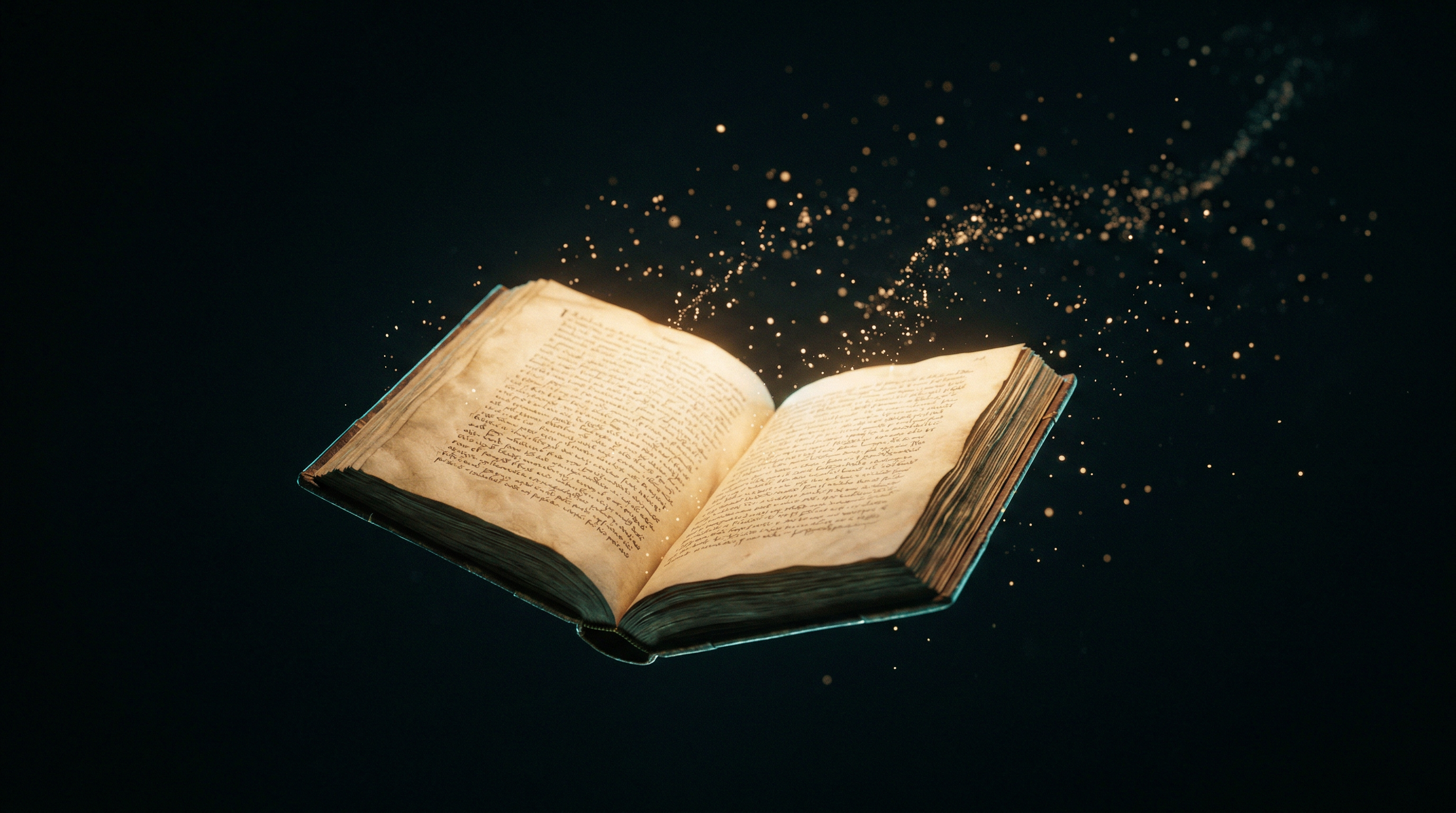 An open aged book floating in deep space with golden magical particles streaming out from its pages