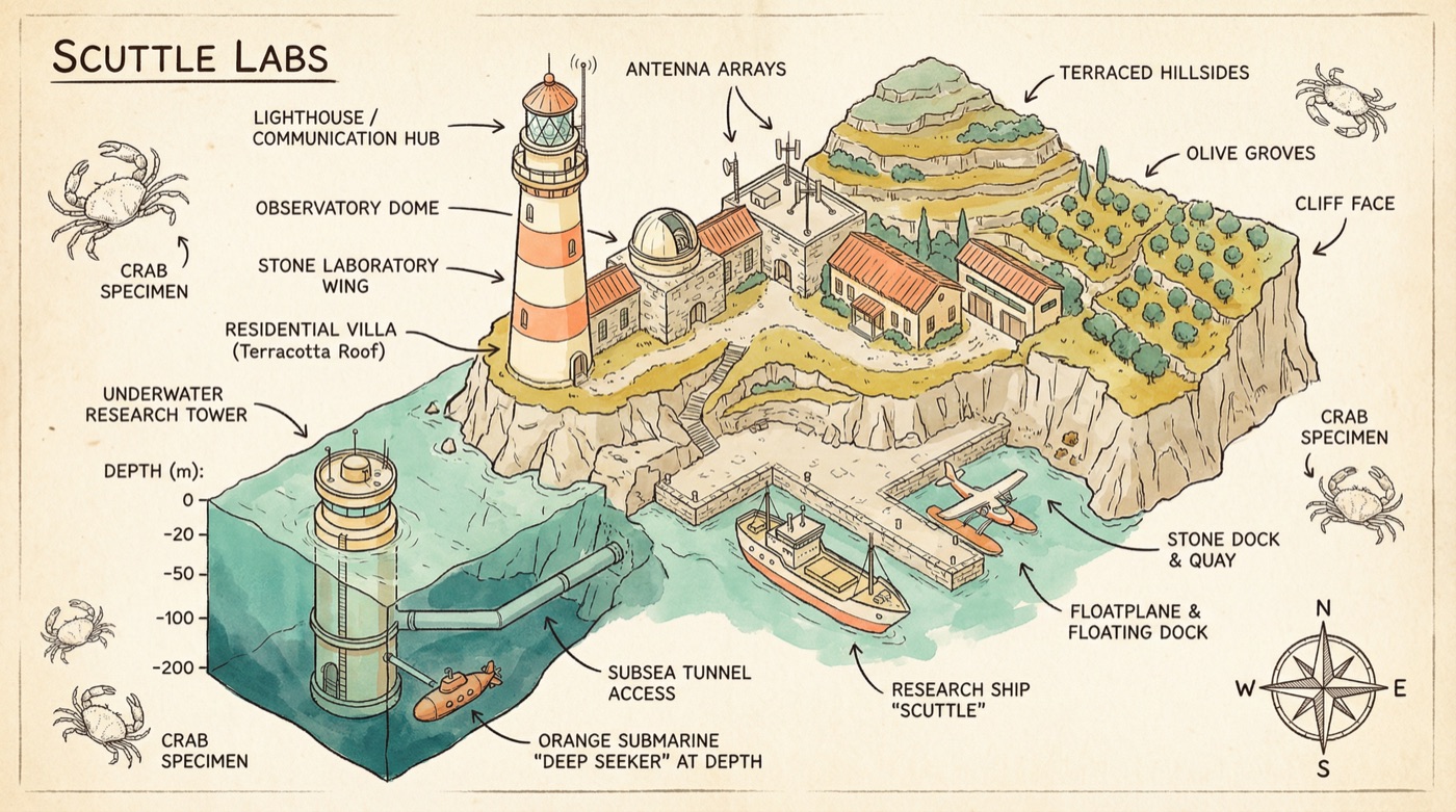 Scuttle Labs facility diagram — lighthouse, observatory, laboratory buildings, research dock, underwater tunnel, and deep-sea research tower