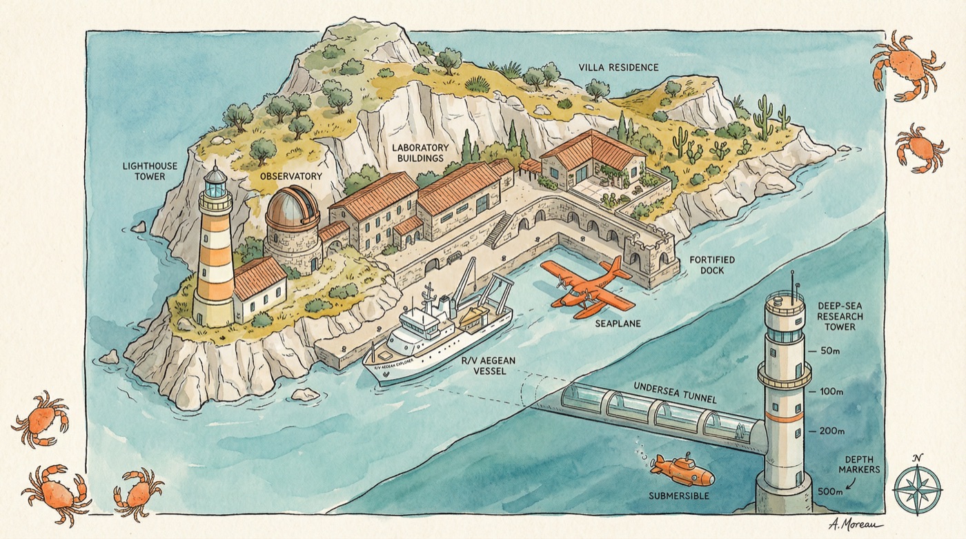 Scuttle Labs oceanographic research facility on a Greek island, with lighthouse, observatory, laboratory buildings, research dock, undersea tunnel, and deep-sea research tower