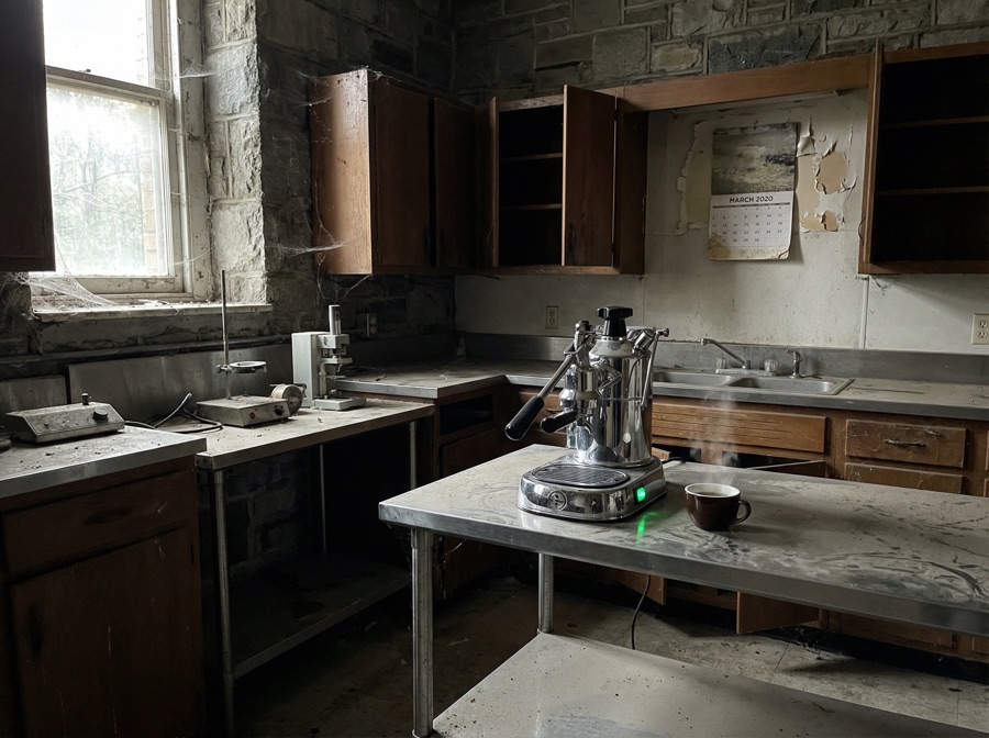 The laboratory kitchen upon acquisition — note the espresso machine is on, the calendar reads March 2020, and the facility had been officially unoccupied for four years
