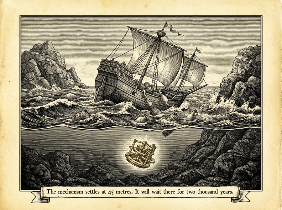 Woodcut illustration of the Roman cargo ship sinking in the Antikythera Strait, with the mechanism settling at 45 metres