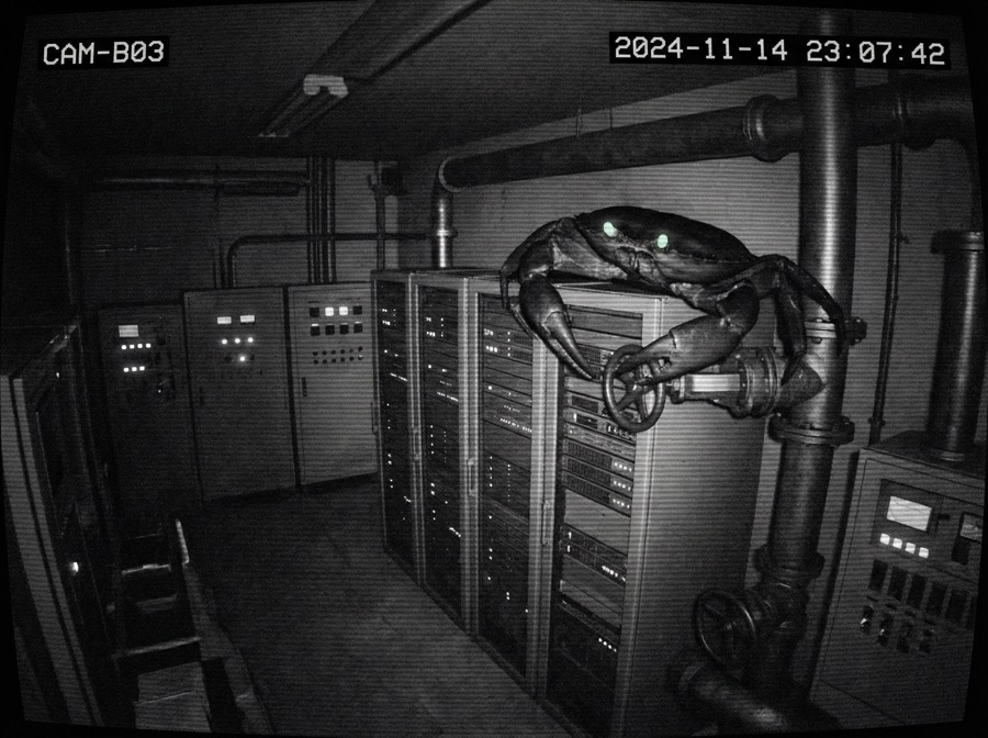 Security camera CAM-B03, 2024-11-14 23:07:42 — the crab operating a valve on the cooling system