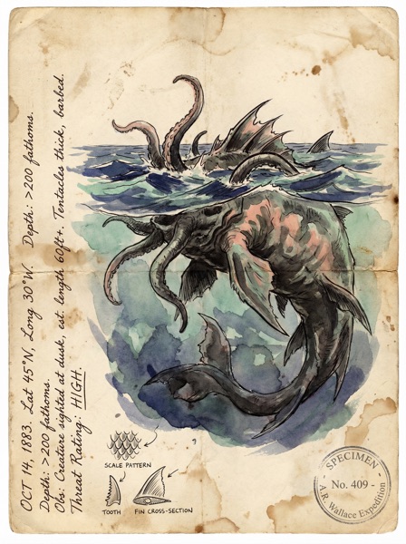Field journal cryptid sighting sketch - sea creature surfacing, with handwritten observations, measurements, and specimen stamp