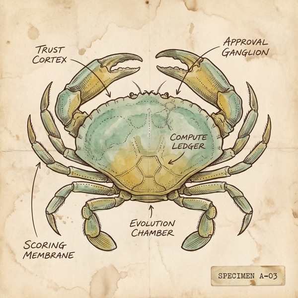 Specimen A-03: the Hatchery governance crab, annotated with Trust Cortex, Approval Ganglion, Compute Ledger, Evolution Chamber, and Scoring Membrane