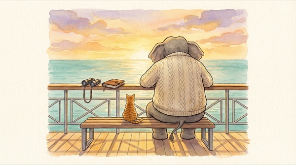 An elephant in a cable-knit sweater and an orange cat on an observation deck at sunset